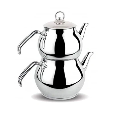 Image of DESTALYA Turkish Teapot Set Stainless Steel Double Tea Pots for Stove Top Maker with Handle Samovar Style Self Strained Kettle Water Heater Warmer (Midi Metal Handles)