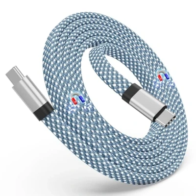 Image of Magtame USB C Cable, Magnetic to Cable 60W(3A), 5ft Coiled Cord, Flat Nylon Braided Type Fast Charging Compatible for Device Pad Samsung Galaxy, Blue