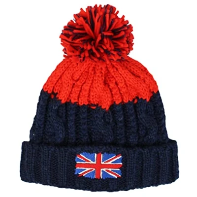 Image of TeddyTs Union Jack Fleece Lined Navy and Red Cable Knit Chunky Bobble Hat