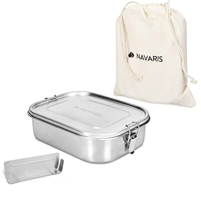 Image of Navaris Steel Lunch Box with Divider 1400ml Stainless Sandwich, Snack, Lunch, Food Storage Container Leakproof Bento Divider, Bag