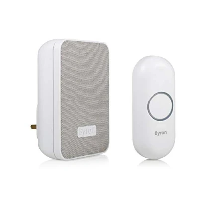 Image of Byron DBY 22322UK Wireless Plug in Doorbell Set, 150 m Range, 16 Melodies, Visual Alert System, White &amp; Grey mesh