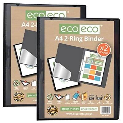 Image of eco A4 95% Recycled Presentation 22mm Spine 2 Ring Binder Black, (Pack of 2), eco086x2