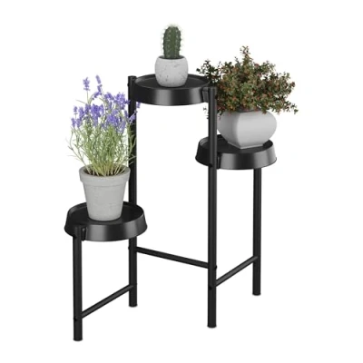Image of Relaxdays Plant Stand, 3 Tiers, Metal &amp; Plastic, hwd: 61x55x30 cm, Shelves for Flower Pots Herbs, Display Rack, Black