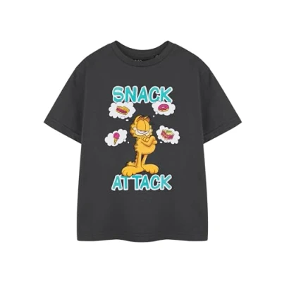 Image of Garfield Kids Charcoal Short Sleeved T Shirt Snack Attack Graphic Tee for Boys &amp; Girls Cartoon Cat Apparel Movie Merchandise Gift Children Teens