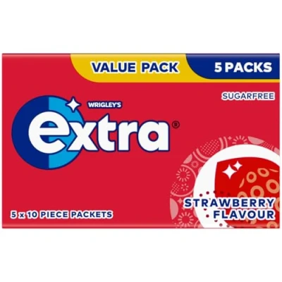 Image of Extra Strawberry Flavour Sugarfree Chewing Gum Multipack, 5 x 10 pieces