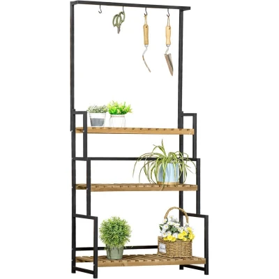 Image of Outsunny Tall Plant Stand with Hanging Hooks, 3 Tiered Rack for Indoor Outdoor Porch Balcony Living Room Bedroom