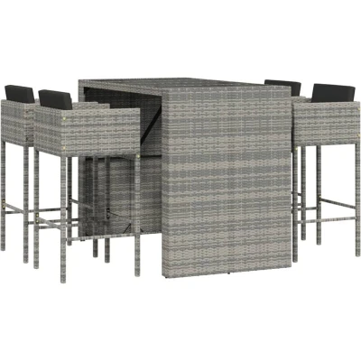 Image of vidaXL 5 Piece Garden Bar Set with Cushions Modern Poly Rattan Grey Stools Footrests and Armrests Tempered Glass Tabletop