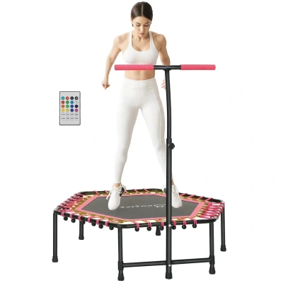 Image of Sportnow 45&#039;&#039; Fitness Trampoline with Adjustable Handle, led Lights, Pink&#039;