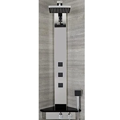 Image of Milano Astley Corner Thermostatic Shower Tower Panel Head Hand Body Jets Chrome Black