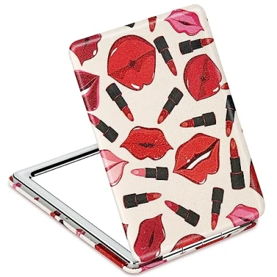 Image of Premium Vanity Compact Makeup Mirror for Girls and Women, Stylish Slim Travel Cosmetic Mirrors Pocket Purse Wallet Handbag, Portable Magnifying Handheld Small with Red Classic PU Leather