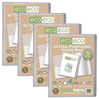Image of eco A5 Size 50 Percent Recycled 10 Pocket Clear Presentation Display Book, Storage Case Portfolio Art Folder with Plastic Sleeves, Pack of 4, eco126x4
