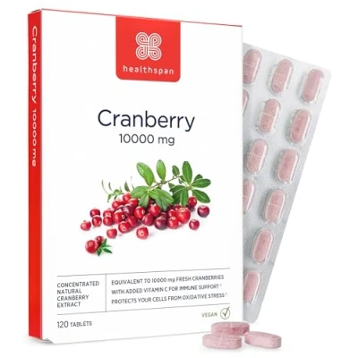 Image of Healthspan Cranberry 10,000mg 120 Tablets Whole Cranberries Support for Your Wellbeing and Immune Health Added Vitamin C Vegan
