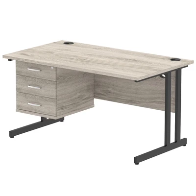 Image of Impulse 1400x800 Desk Grey Oak/Black Cantilever Leg 3 Drawer Fixed Ped
