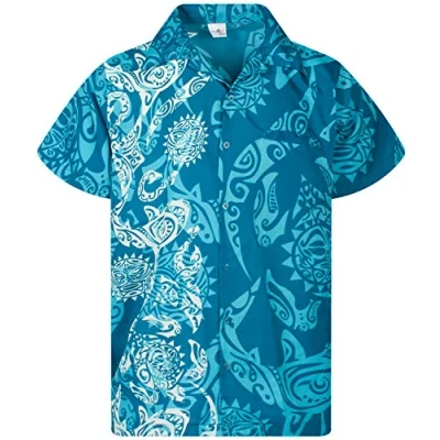Image of King Kameha Classic Modern Hawaiian Shirt for Men Front Pocket Casual Aloha Shirts, Maori Wedding, Turquoise, M