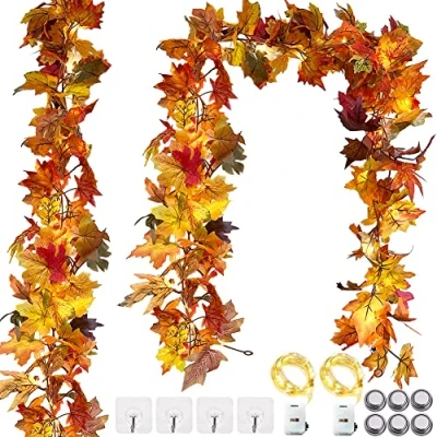 Image of OEMG 2 Pack Artificial Autumn Fall Maple Leaf Garland with 40 LED String Light, 180CM/Pack, Lights Leaves for Thanksgiving