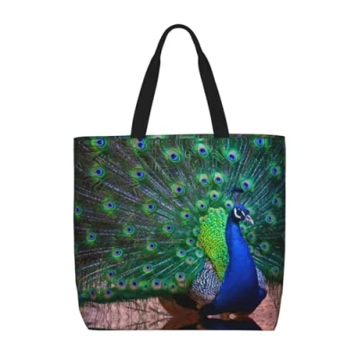 Image of ESASAM Beautiful Peacock Print Stylish And Versatile Single Shoulder Shopping Bag Lightweight Durable Polyester Tote