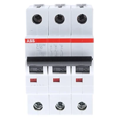 Image of ABB S203M C10 Miniature Circuit Breaker, 3 Pole, Type C, 10kA/15kA Breaking Capacity, 10 Amp Current (2CDS273001R0104)