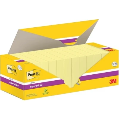 Image of Post it Super Sticky Notes Canary Yellow, Value Pack of 12 + FREE Pads, 90 Sheets per Pad, 76 mm x mm, Yellow Color Extra For Note Taking, To Do Lists &amp; Reminders