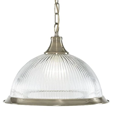 Image of Antique Brass &amp; Clear Ribbed Glass Dome Vintage Pendant Ceiling Light 34cm Diameter 1 x E27 ES Lamp Bulb Required (Not Included) American Diner Retro Design