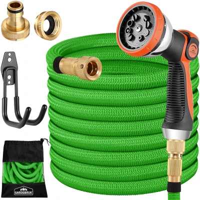 Image of GARDEBRUK® Garden Hose Pipe 30m Gardening Flexi Latex Core Solid Brass Connections ¼' ¾ 'Inch Adapter Includes Bag &amp; Wall Mount Bracket 8 Way Adjustable Spray Gun Green