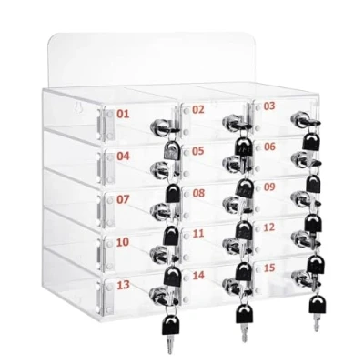 Image of Cell Phone Storage Cabinet Office Supplies Mobile Box Desktop Transparent Acrylic Safe Deposit With Lock (Color : Clear, Size 15)