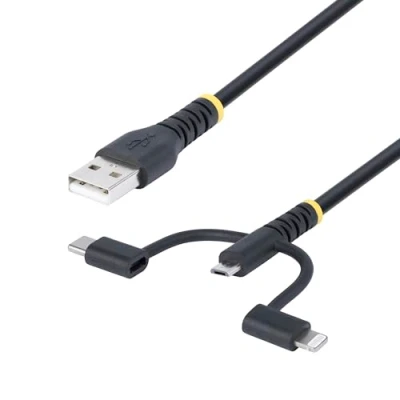 Image of StarTech.com 3ft (1m) Rugged USB Multi Charging Cable, to Lightning/Micro USB/Type C, Apple MFi, 3 in 1 Charger Cord