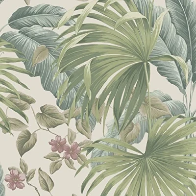 Image of Retreat Leaf Wallpaper Pink/Beige Belgravia 54447 Green Tropical Floral