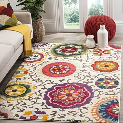 Image of SAFAVIEH Boho Chic Teppich für Wohnzimmer, Esszimmer, Schlafzimmer Monaco Collection, Kurzer Flor, Elfenbein und Multi, 155 X 231 cm