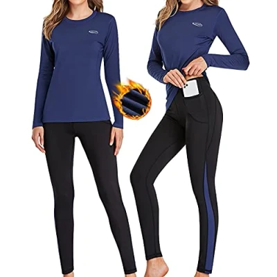 Image of AMGUTEN Women&#039;s Thermal Underwear Set, Blue, M Base Layer Long Johns Top and Bottoms for Workout, Skiing, Hiking, Cycling