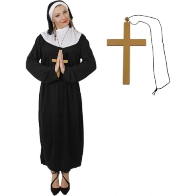 Image of Adults Nun Costume XX Large Habit &amp; Headpiece, Belt and Gold Cross Religious Fancy Dress