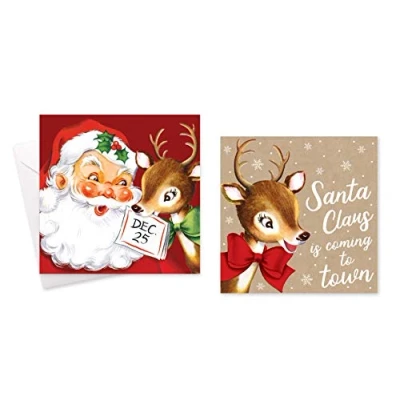 Image of Tallon International Christmas Cards 10 Square Boxed Retro Santa/Kraft Deer