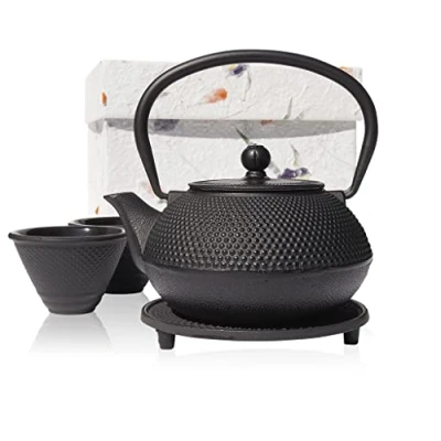 Image of The Exotic Teapot Black Tetsubin Gift Set, 600ml Cast Iron Teapot, Two 100ml Cups, Trivet Stand, Handmade Box