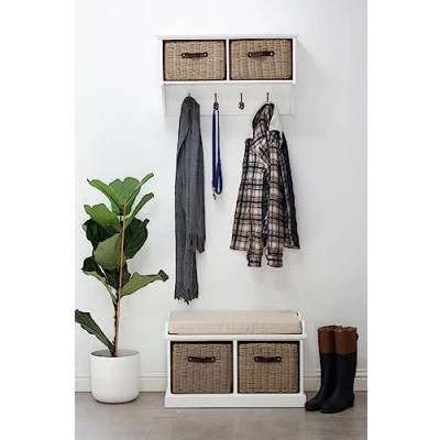 Image of Tetbury White Hallway Set, 2 Seater Storage Bench, Hanging Shelf with Durable Brown Baskets, Beige Cushion Seat, Fully Assembled Furniture (white B)