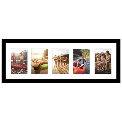 Image of Americanflat 8x24 Panoramic Picture Frame in Black Five 6x4 Photo Openings Multi Aperture Collage with Horizontal and Vertical Format for Wall Tabletop