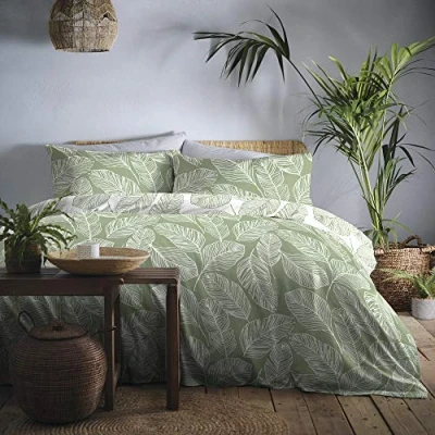 Image of Fusion Matteo Green Leaf Duvet Cover Super King Bedding Size (260 x 220cm) Reversible Design (White &amp; Colours) Leaf/Leaves Sage Collection