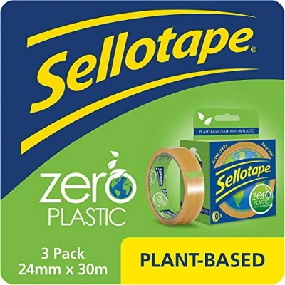 Image of Sellotape Zero Plastic Tape, Multi Purpose Clear Tape for Household Objects &amp; Sticking Envelopes or Cards, Easy to Use Plant Based Packaging with 0% Plastic, 24mm x 30m, Pack of 3
