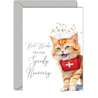 Image of Get Well Soon Cards for Men Cat Kitten Women, Best Wishes Speedy Recovery Card, A5 Greeting Brother Sister Mum Dad Auntie Uncle Colleague Friend