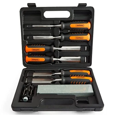 Image of VonHaus Chisel Set 8pcs Woodworking Tools Wood Carving Tools, Sets with Sharpening Stone, Honing Guide and Storage Case Chrome Vanadium, Bevel Edged