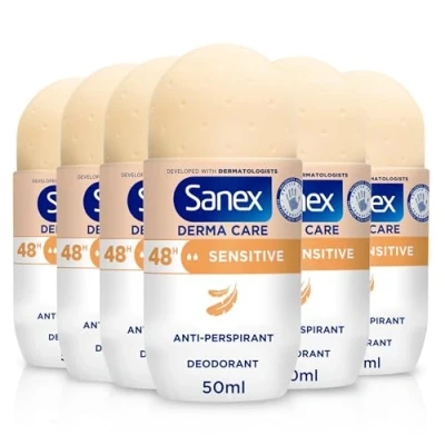 Image of Sanex Derma Care Sensitive 48 Hour Antiperspirant Roll On Deodorant 6x50ml long lasting freshness against sweat and odour gently cares for skin contains 0% alcohol*