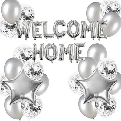 Image of Fechy Welcome Home Letter Balloon Banner with Star Confetti Balloons for Family Party Decorations(24 Pack) (Silver)