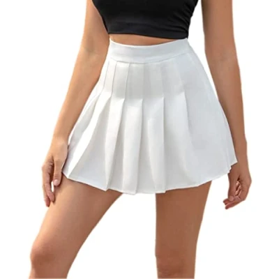 Image of Hoerev Women Girls Short High Waist Pleated Skater Tennis School Skirt,M, White 8