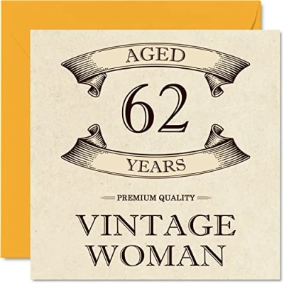 Image of Vintage 62nd Birthday Cards for Women Aged 62 Years Fun Card Mum Sister Wife Girlfriend Nanny Grandma Auntie, 145mm x Ladies Greeting Cards,
