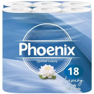 Image of Phoenix Soft Luxury Toilet Rolls Bulk Buy Quilted Paper White 3 Ply Pack of 18 Tissue (9 x 2 Packs) 150 Sheets per roll (2,700 Sheets)
