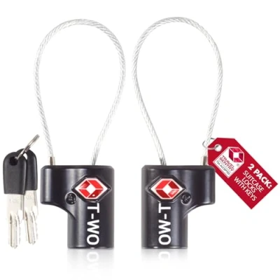 Image of OW Travel TSA Approved Luggage Locks with Keys (2 Pack Black) Zinc Alloy Suitcase Wire Lock. Cable Lock: Padlock, Backpack Lock, Tent Padlocks