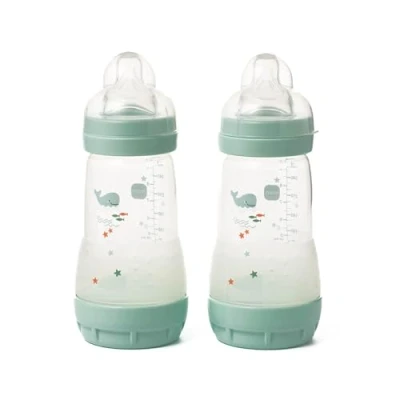 Image of MAM Easy Start Self Sterilising Anti Colic Baby Bottle Pack of 2 (2 x 260 ml), Bottles with Medium Flow Teats Size 2, Newborn Essentials, Blue (Designs May Vary)