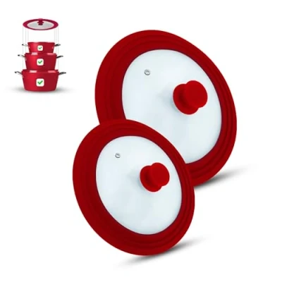 Image of Set of 2 universal glass lids, part, pots and pans 16/18/20 cm &amp; 24/26/28 cm, with outlet valve silicone rim. (Red, cm)