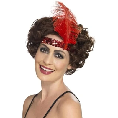 Image of Smiffys Flapper Headband, Red with Feather, 1920&#039;s Razzle Fancy Dress, Adult Dress Up Accessories