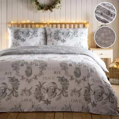 Image of Simply Charlotte Santa Joy Double Bed Duvet Cover Set Christmas Xmas Bedding Grey