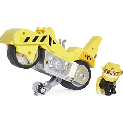 Image of Paw Patrol, Moto Pups Rubble’s Deluxe Pull Back Motorcycle Vehicle with Wheelie Feature and Figure