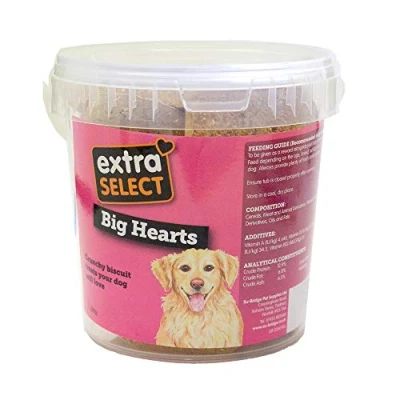Image of Extra Select Dog Treats Big Hearts Heart Shaped for Large Dogs, Baked Biscuits &amp; Training Medium Dogs 1 Litre Tub